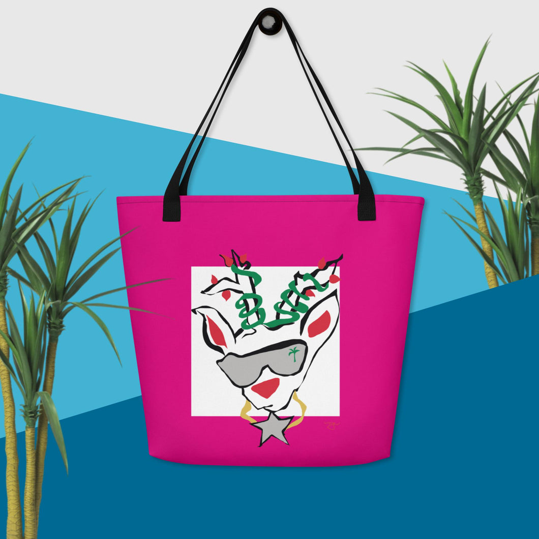 Pink Run Deer MC All-Over Print Large Tote Bag